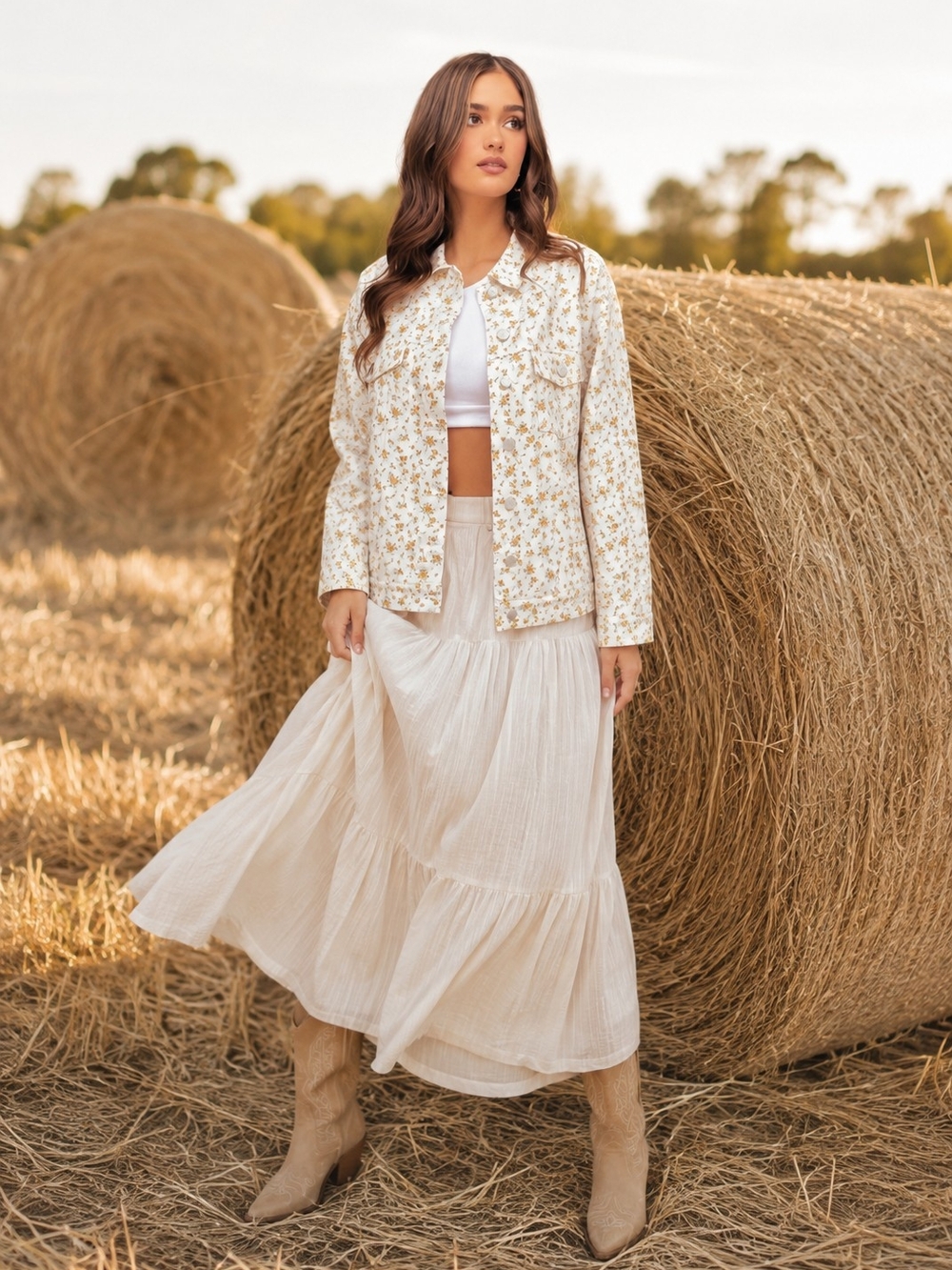 PrettyLittleThing Floral Ditsy Oversized Denim Jacket White Size 6 NWT